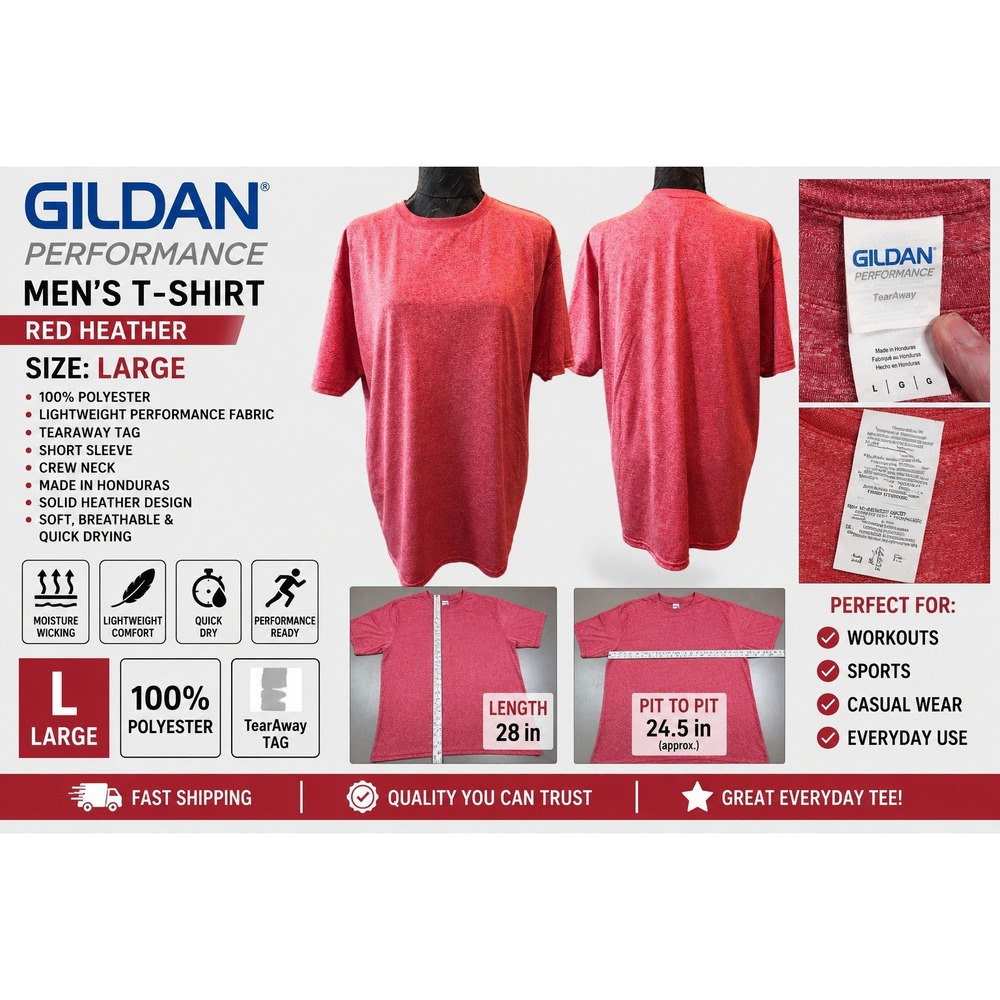 Gildan Performance Mens T-Shirt Large Red Heather Moisture Wicking Crew Neck L